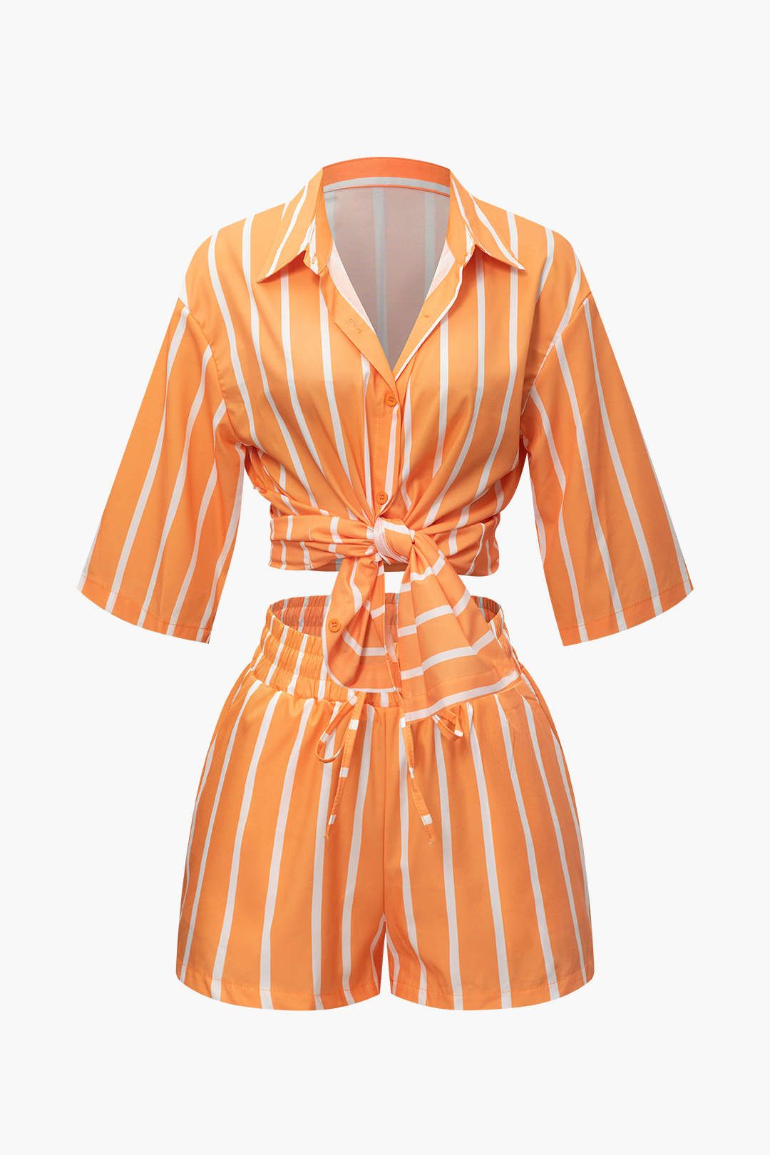 Vertical Stripe Short Sleeve Shirt And Elastic Waist Shorts Set sold by Micas