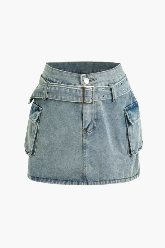 Denimnederdel med lomme med bælte sold by Micas