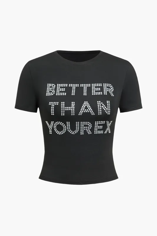 Rhinestone Cropped Short Sleeve T-Shirt sold by Micas