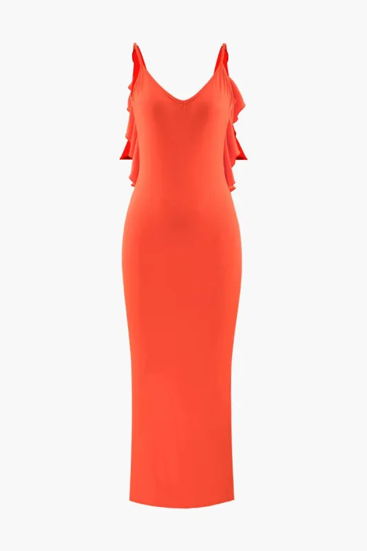 V-neck Frill Trim Backless Maxi Dress sold by Micas