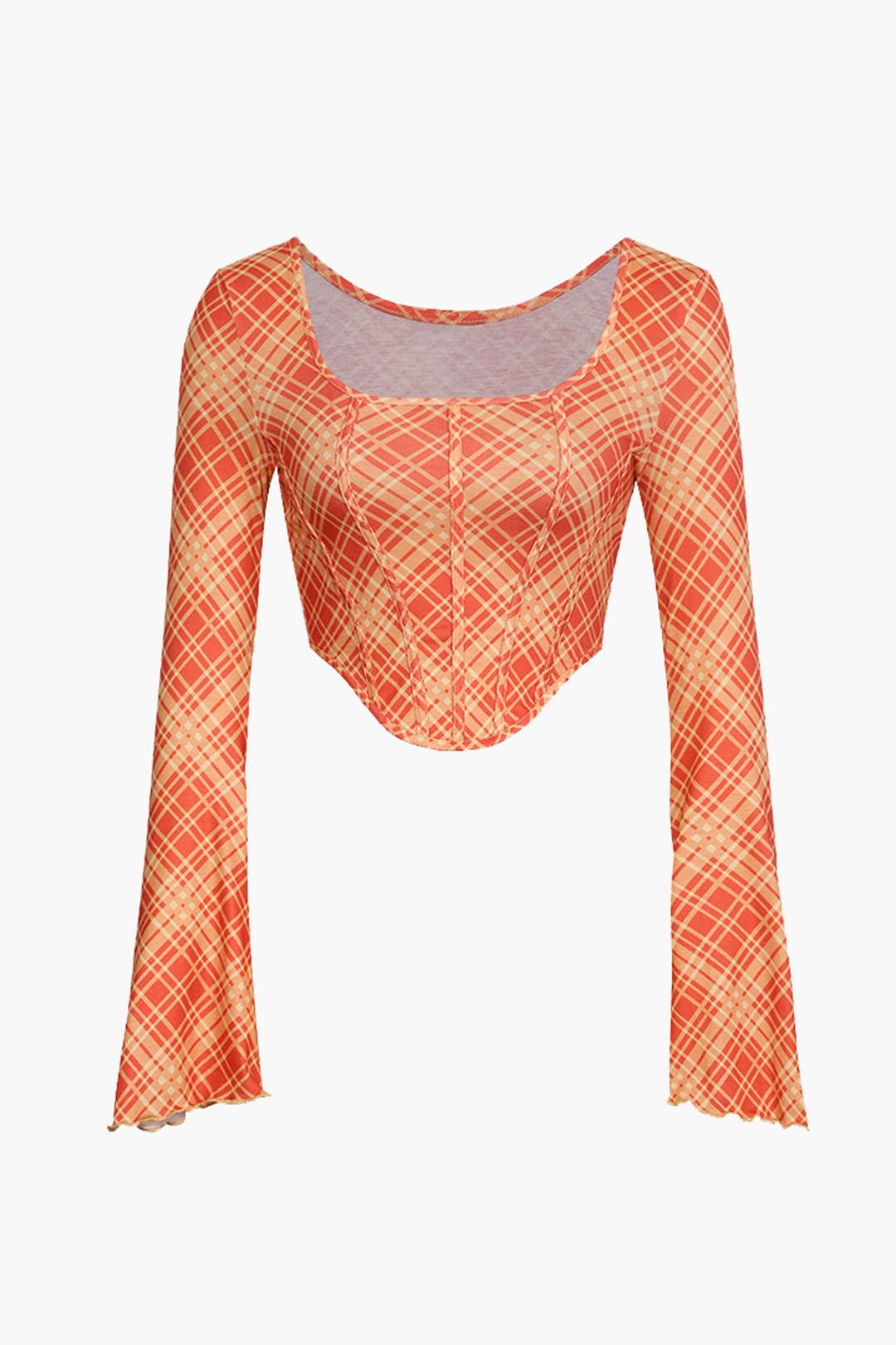 Check Print Square Long Sleeve Top sold by Micas