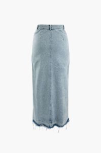 Frayed Hem Slit Front Denim Skirt sold by Micas