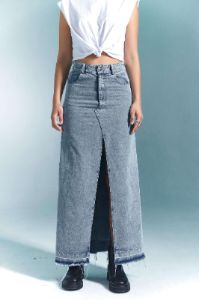 Frayed Hem Slit Front Denim Skirt sold by Micas
