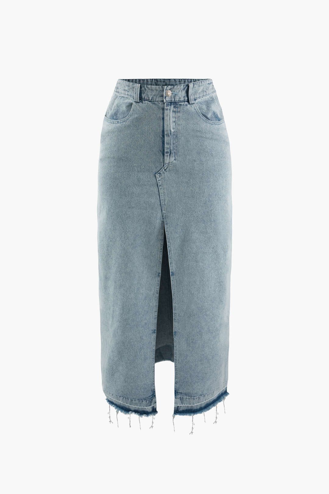 Frayed Hem Slit Front Denim Skirt sold by Micas