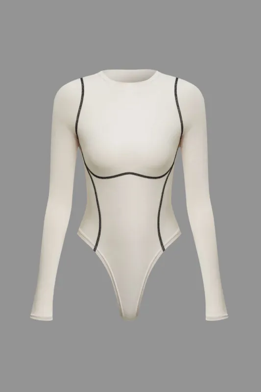 Contrast Seam Round Neck Long Sleeve Bodysuit sold by Micas