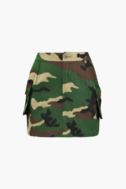 Camo Print Cargo Mini Skirt sold by Micas