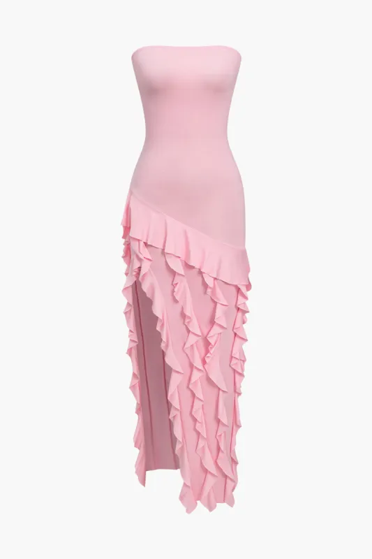 Solid stropløs spalte ruffle maxi kjole sold by Micas