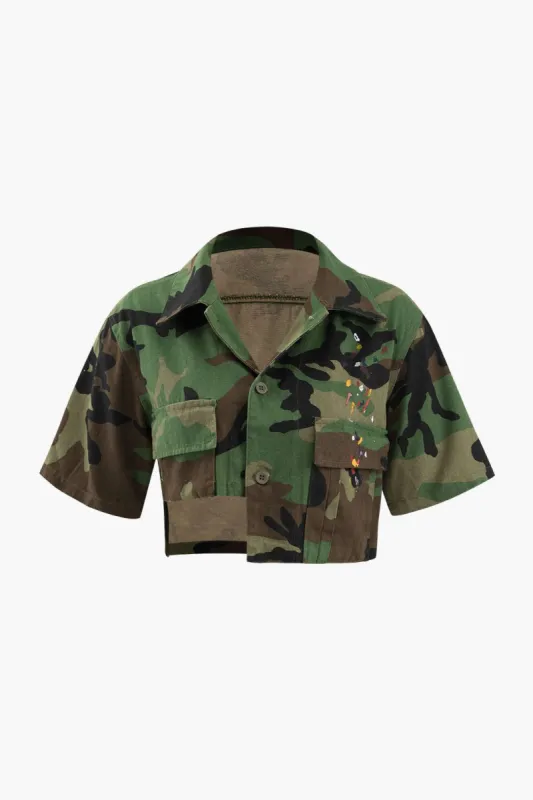 Camo Print Asymmetric Crop Shirt sold by Micas
