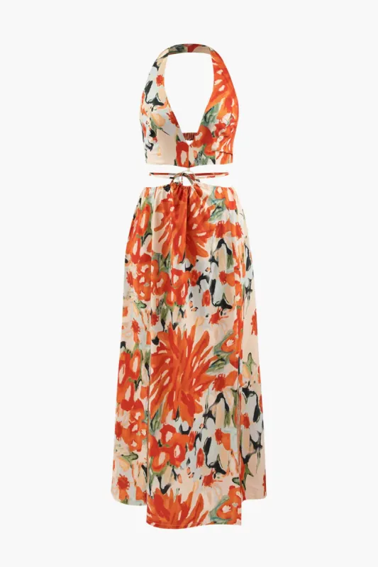 Floral Print Halter Cut Out Slit Midi Dress sold by Micas