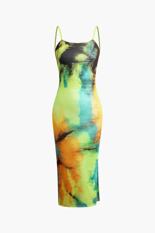 Abstract Print Spaghetti Strap Slit Midi Dress sold by Micas