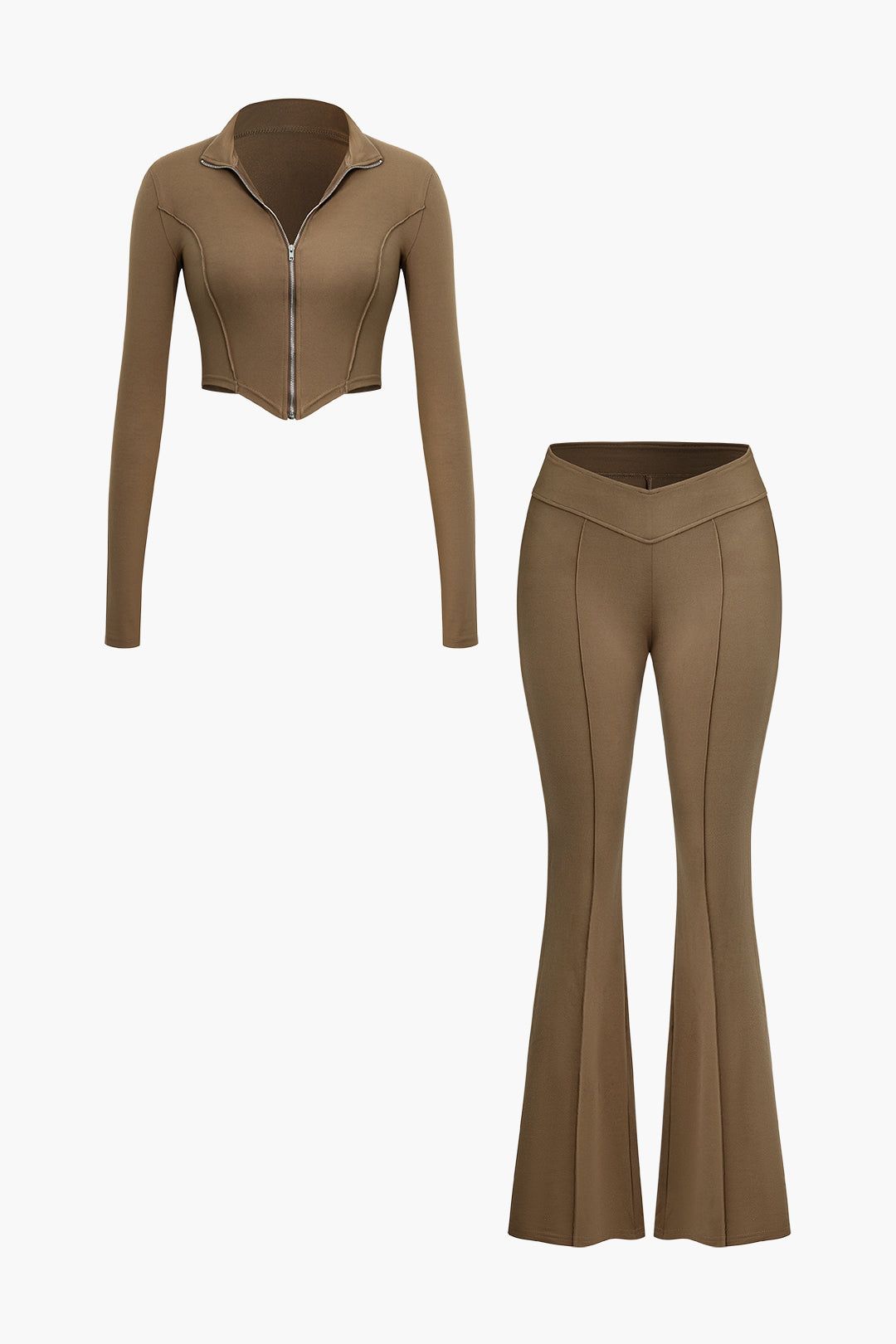 Seam-Detail Zipper Long Sleeve Top And V-Waist Flare Leg Pants Set sold by Micas product image thumbnail 2