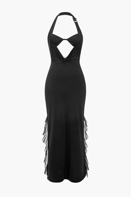 Solid Ruffle Contrast Mesh Detail Cut Out Maxi Dress sold by Micas