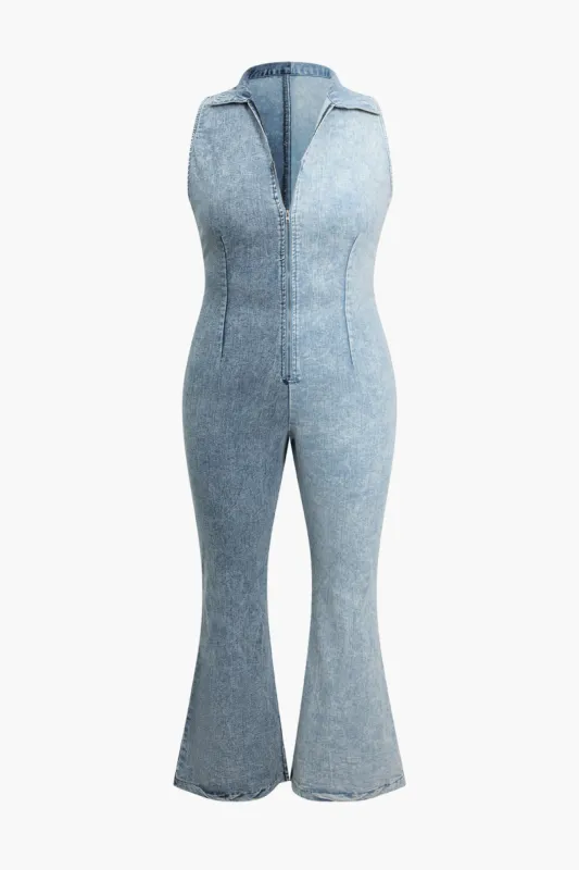 Plus størrelse denim lynlås ærmeløs jumpsuit sold by Micas