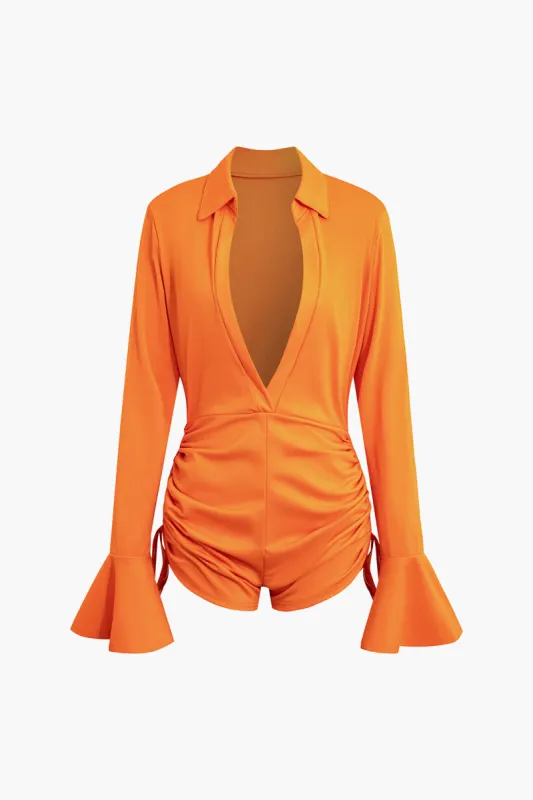 Deep V-Neck Bell Sleeve Ruched Romper sold by Micas