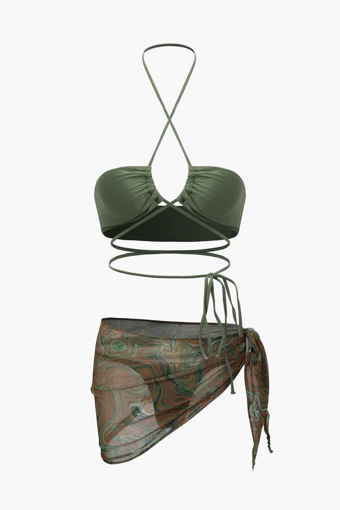 Tie Side Bikini And Printed Mesh Sarong Set sold by Micas