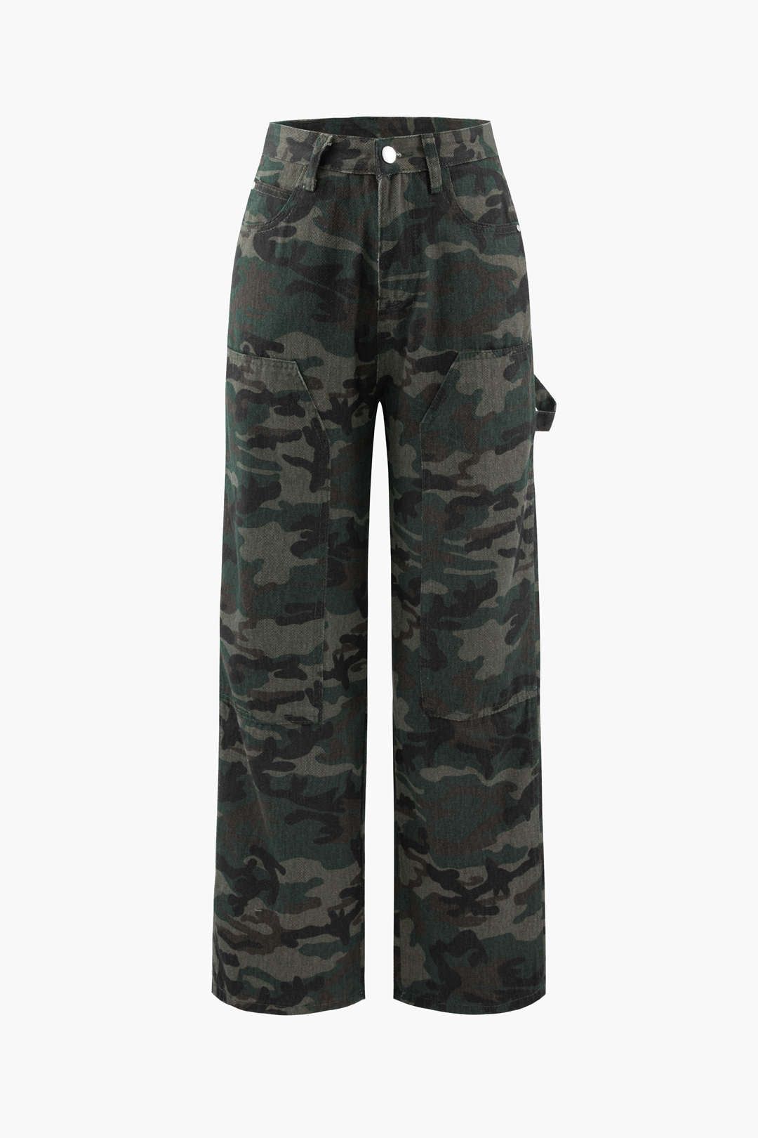 Camo Print Wide Leg Cargo Pants sold by Micas