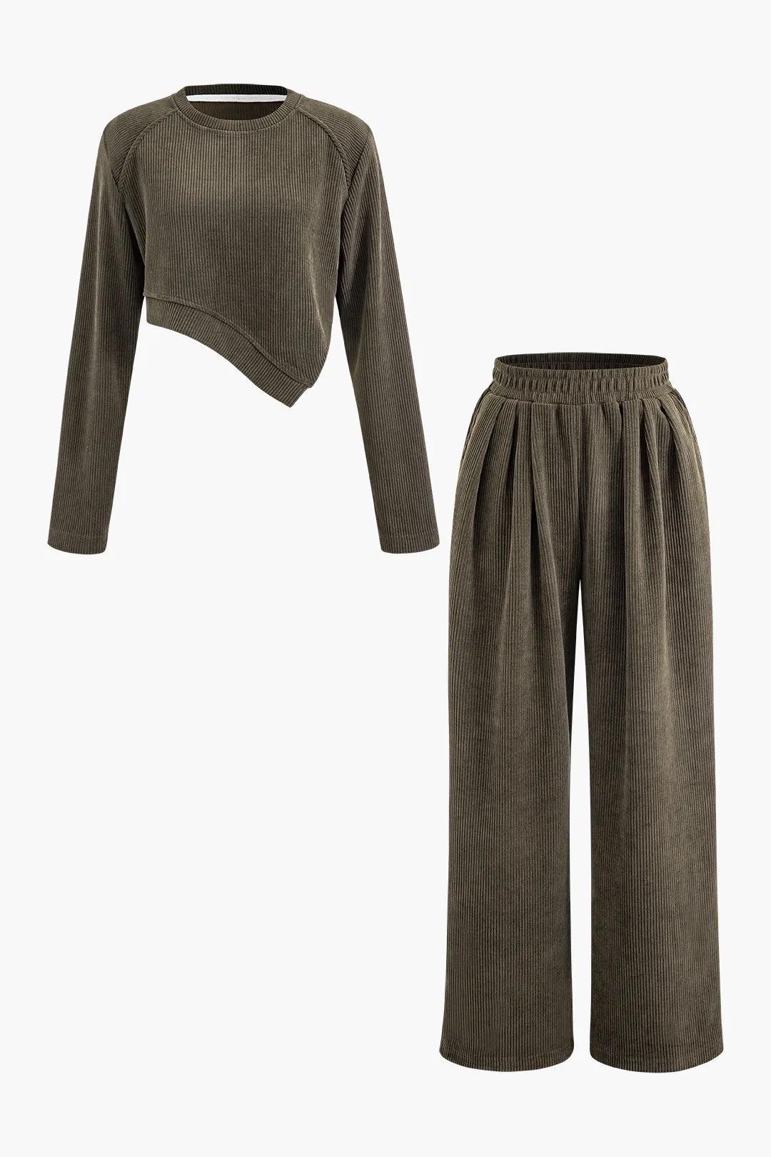 Solid Rib Knit Asymmetric Sweatshirt And Pleated Pants Set sold by Micas
