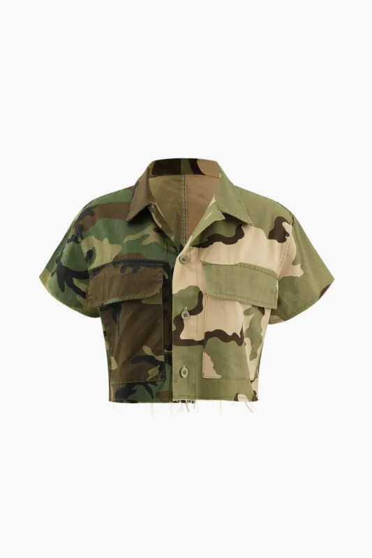 Camo Print Flap Pocket Crop Shirt sold by Micas