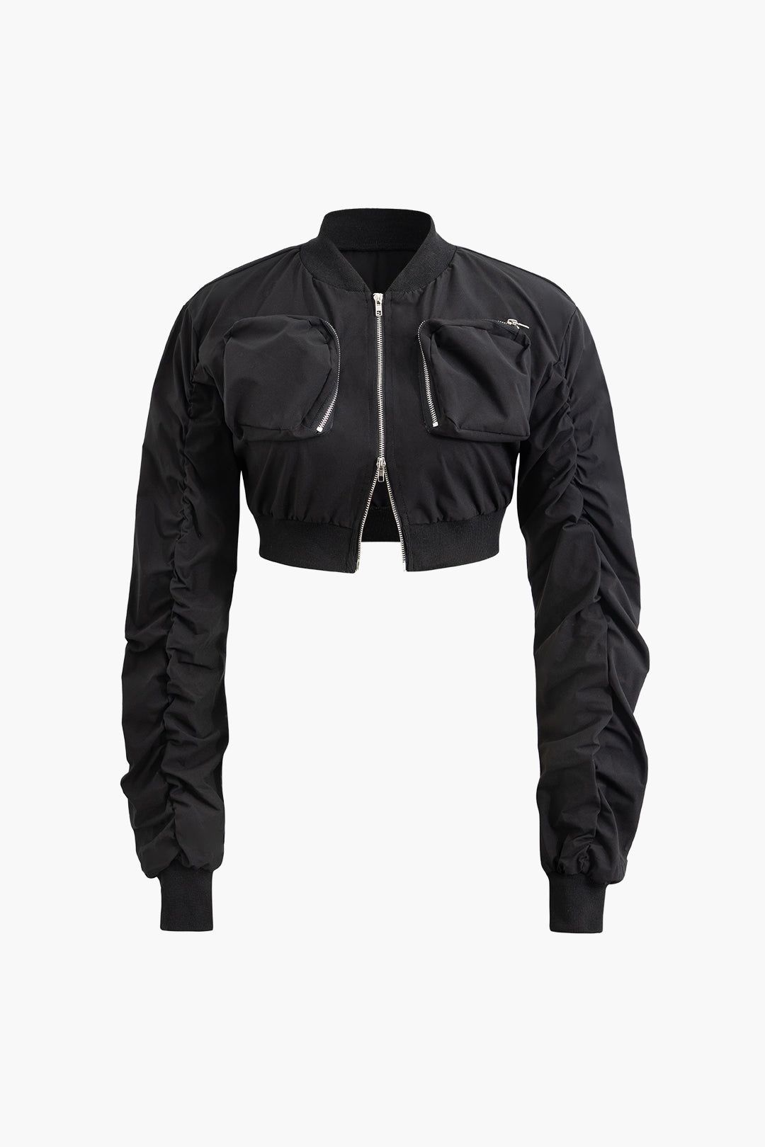 Stand Collar Zip Up Pocket Long Sleeve Crop Jacket sold by Micas