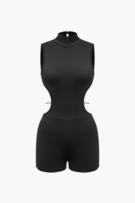 Solid Cut Out Braided Mock Neck Romper sold by Micas