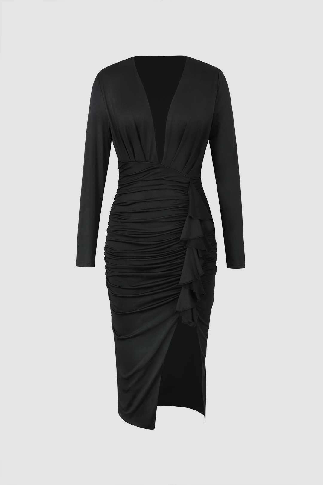 Long Sleeve Deep V-neck Ruched Wrap Midi Dress sold by Micas