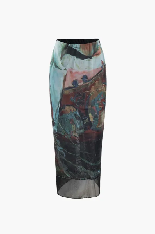 Retro Print Mesh Slit Midi Skirt sold by Micas
