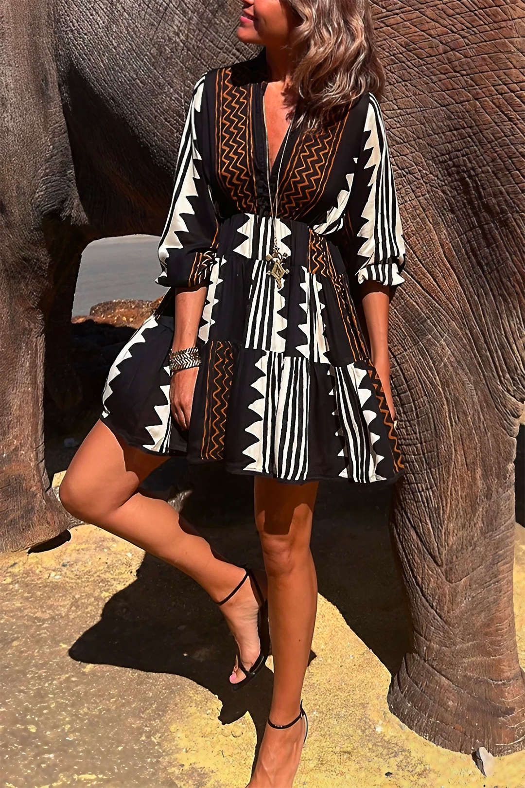 Geometric Print V-neck Long Sleeve Mini Dress sold by Micas