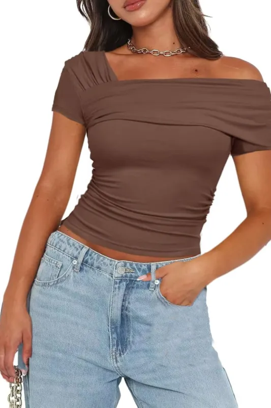 Solid Asymmetrical Ruched Crop Top sold by Micas