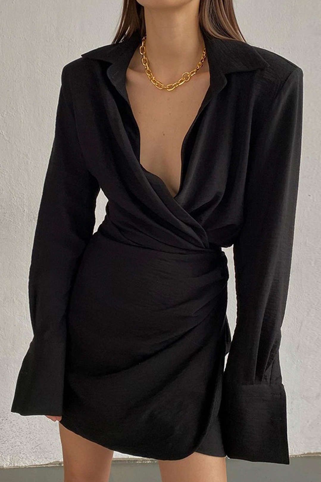 Solid V-neck Wrap Mini Shirt Dress sold by Micas