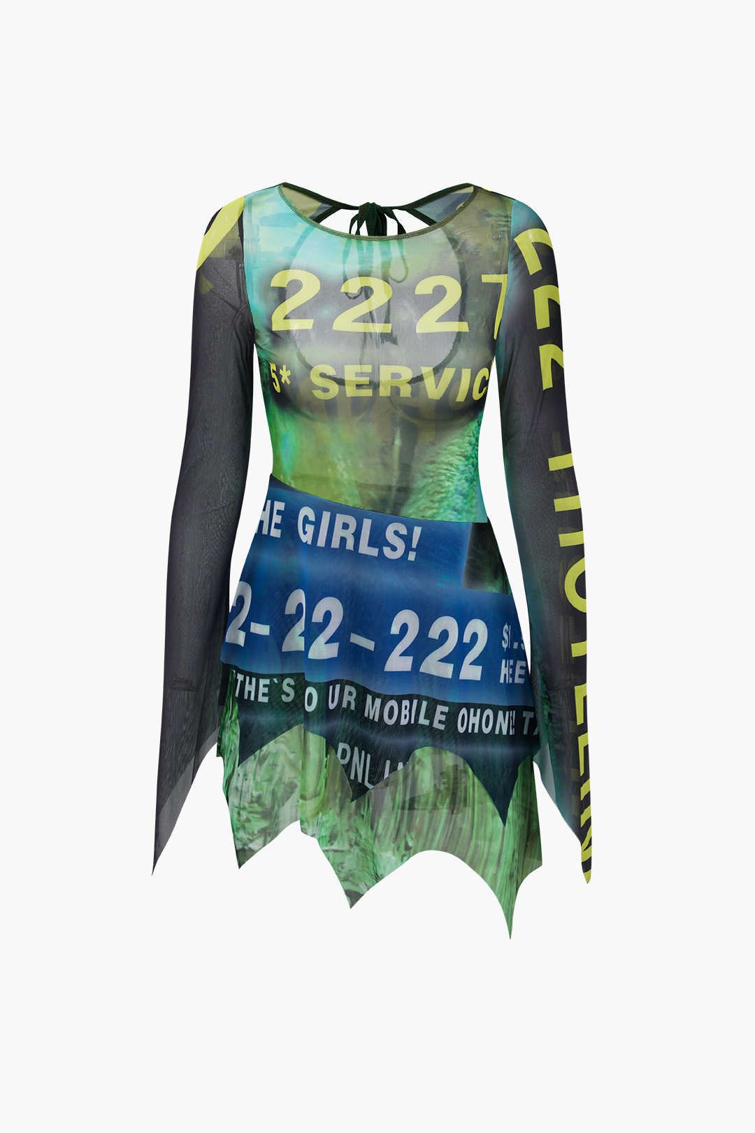 Number & Letter Print Mesh Backless Mini Dress sold by Micas