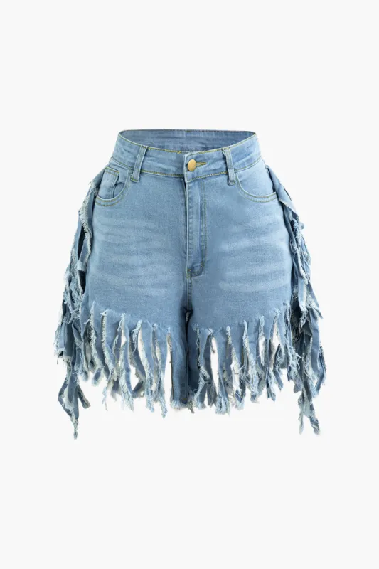 Fringe Hem Denim Shorts made by Micas
