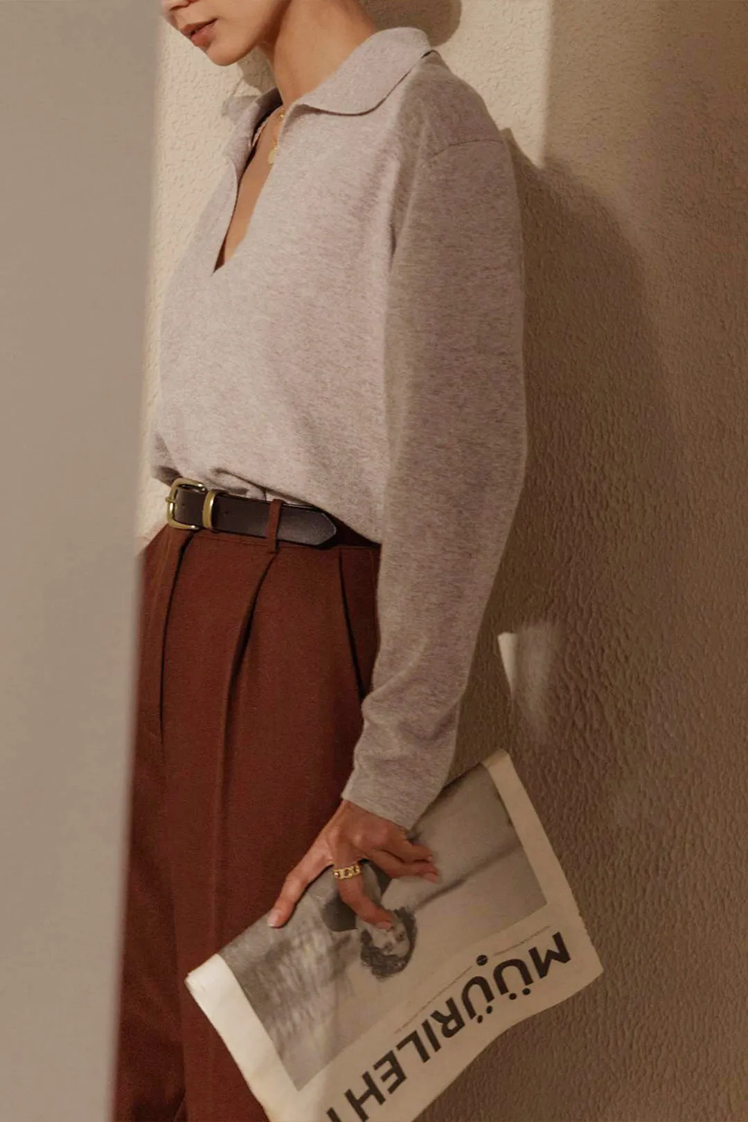 Solid Knit V-neck Collar Sweater Long-Sleeve Top sold by Micas product image thumbnail 4