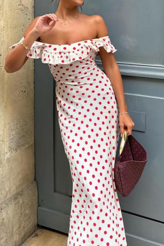 Polka Dot Print Off-Shoulder Ruffled Maxi Dress sold by Micas
