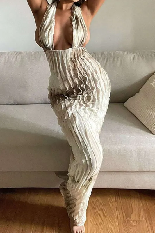 Tekstureret Halter Neck Mesh Rygløs Maxikjole sold by Micas