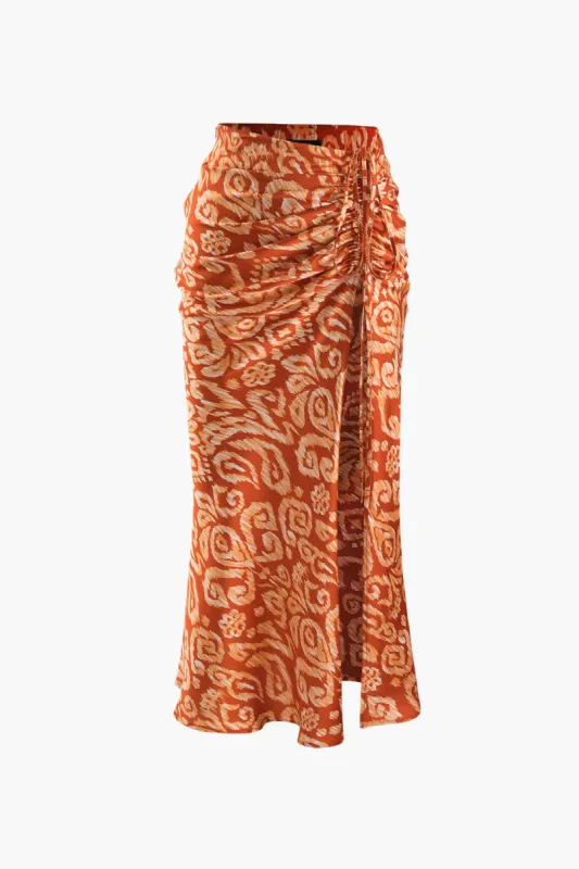 Printed Drawstring Ruched Slit Maxi Skirt sold by Micas