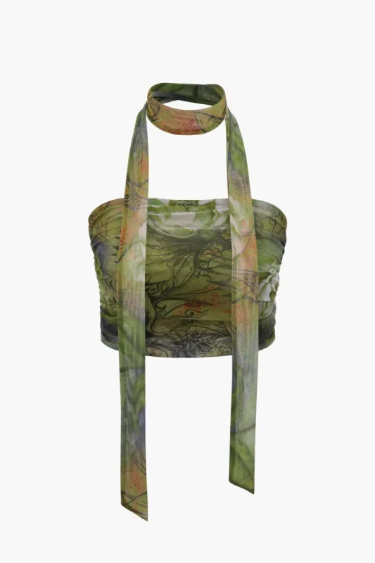 Floral Print Mesh Tube Top And Neck Scarf sold by Micas