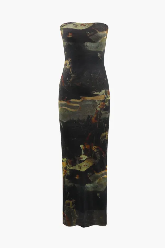 Retro print mesh stropløs midi kjole sold by Micas