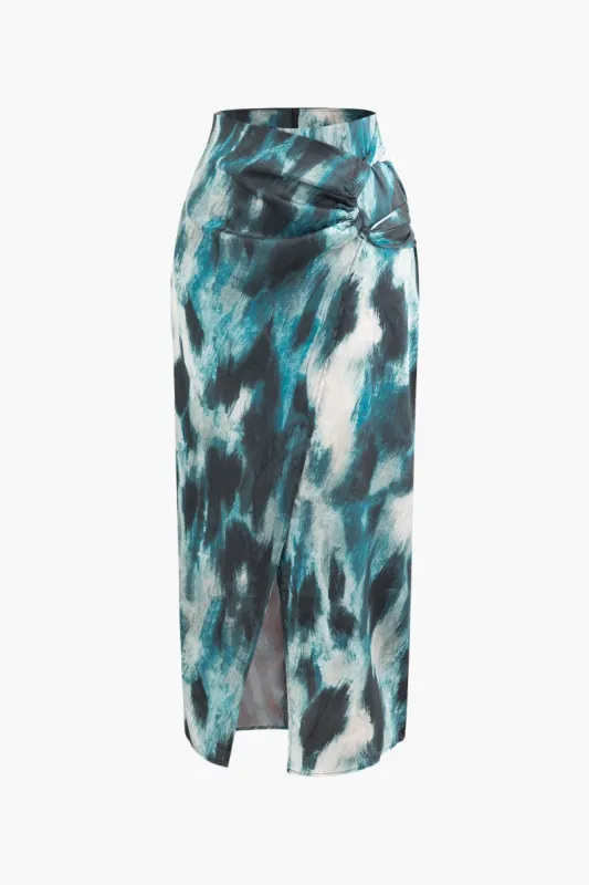 Abstract Print Split Ruched Maxi Skirt sold by Micas