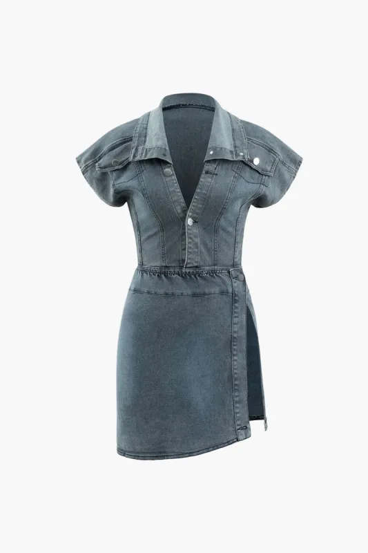 Denim Flap Pocket Blouse And Asymmetric Slit Mini Skirt Set made by Micas