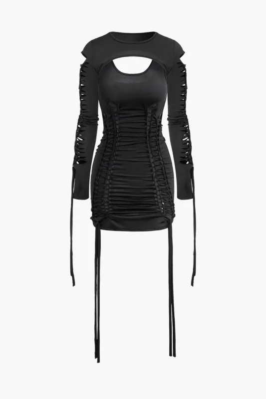 Braided Cut Out Ruched Sleeveless Mini Dress And Long Sleeve Shrug Set sold by Micas