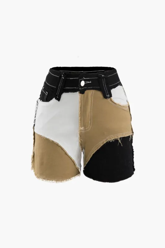 Patchwork Frayed Denim Shorts sold by Micas