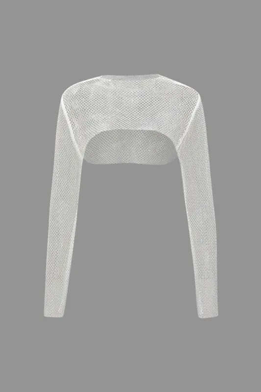 Rhinestone Sheer Net Long Sleeve Crop Top sold by Micas