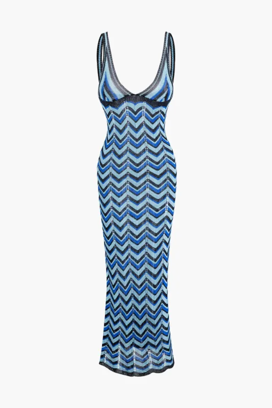 Wave Stripe Open Knit Backless V-neck Slip Maxi Dress made by Micas