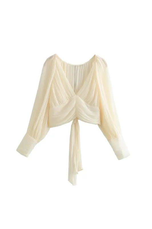 V-neck Ruched Knotted Long Sleeve Top sold by Micas