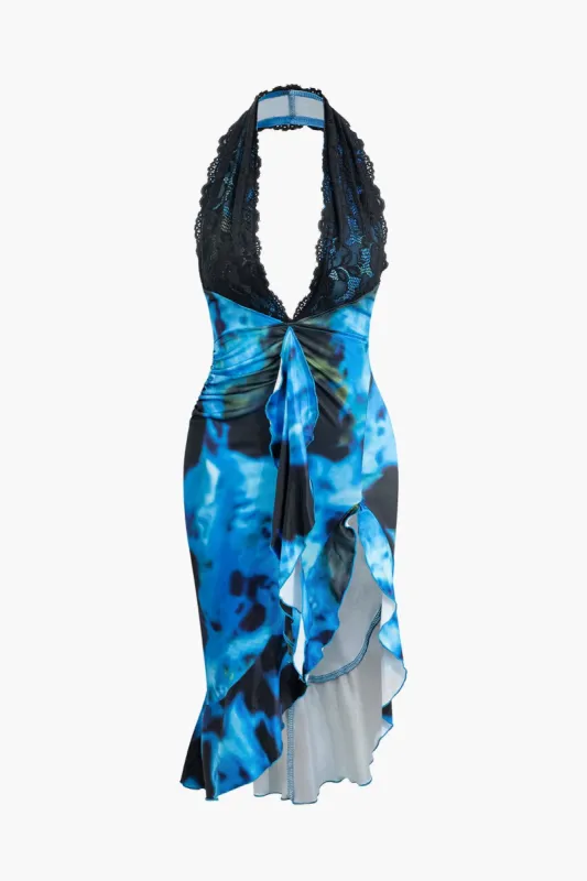 Tie Dye Lace Detail Asymmetric Ruffle Hem Halter Midi Dress sold by Micas