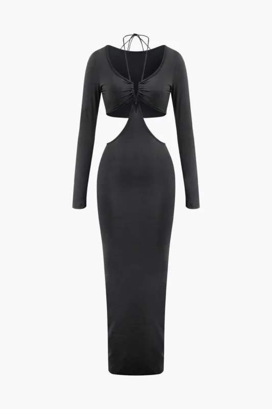 V-neck Halter Cut Out Slit Long Sleeve Maxi Dress sold by Micas
