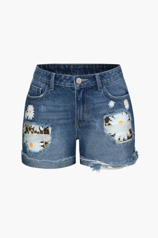 Floral And Leopard Print Ripped Denim Shorts sold by Micas