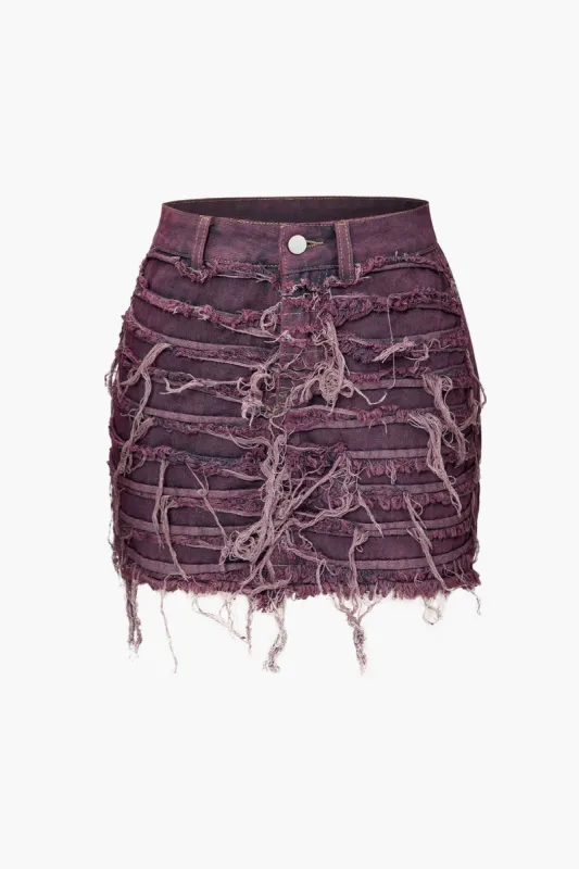 Denim Frayed Destroyed Mini Skirt sold by Micas