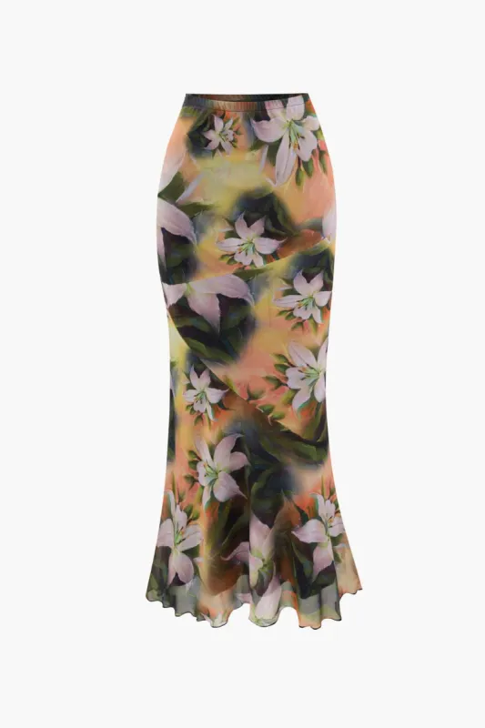 Floral Print Mesh Maxi Skirt sold by Micas