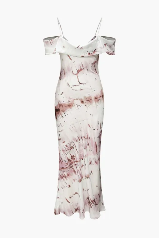 Printed Off Shoulder Satin Maxi Dress made by Micas